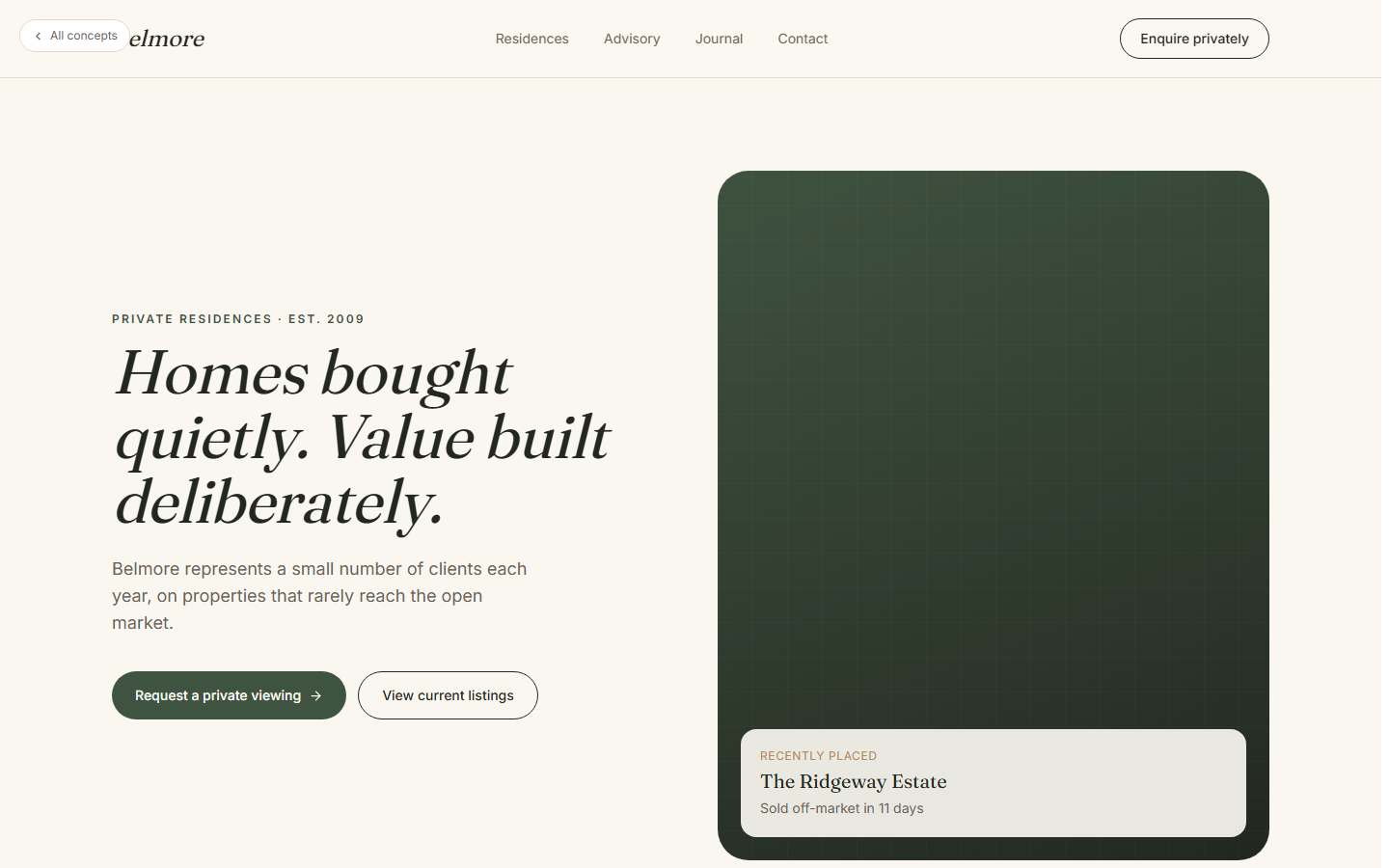 Belmore concept — luxury real estate landing page