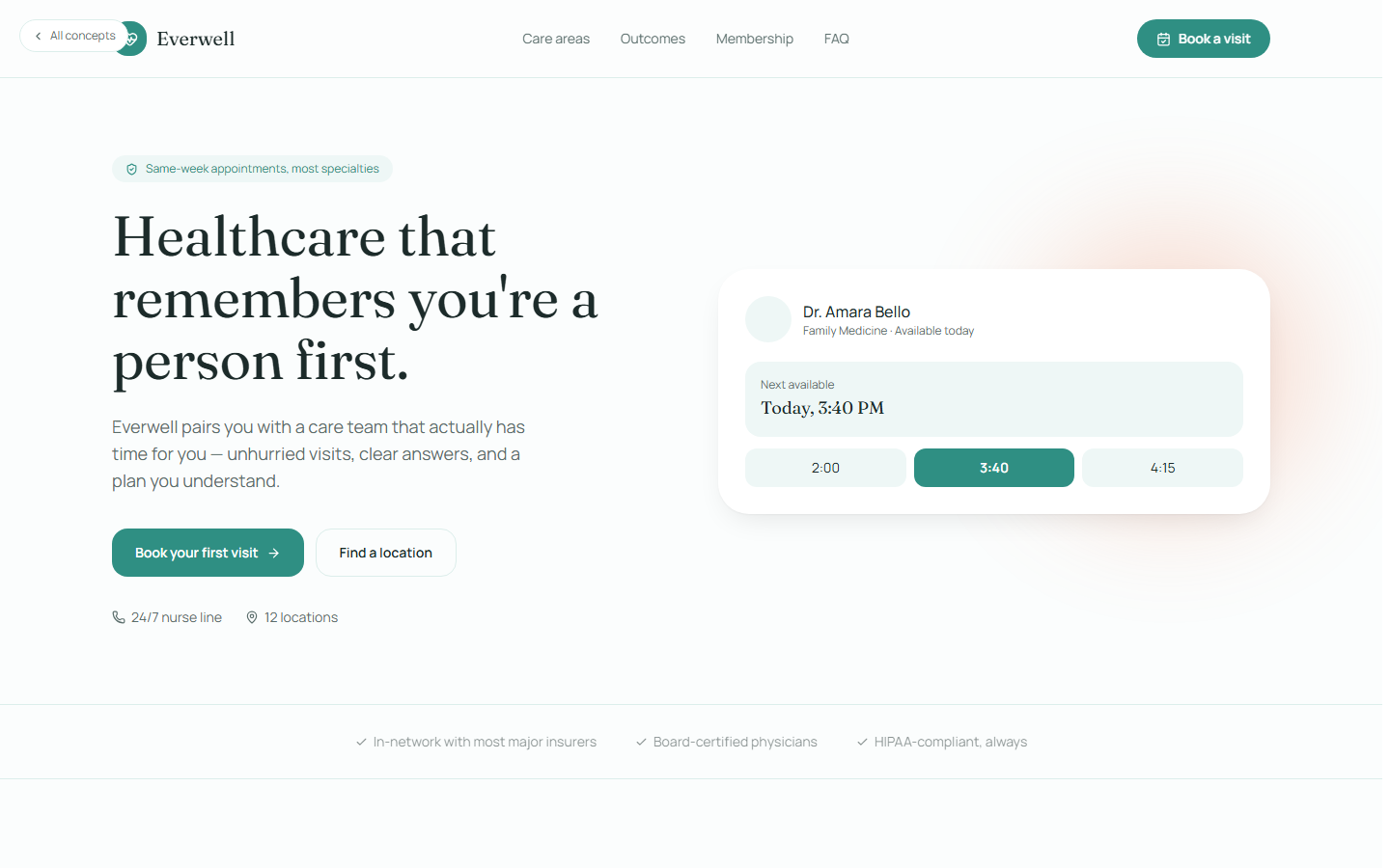Everwell concept — healthcare landing page