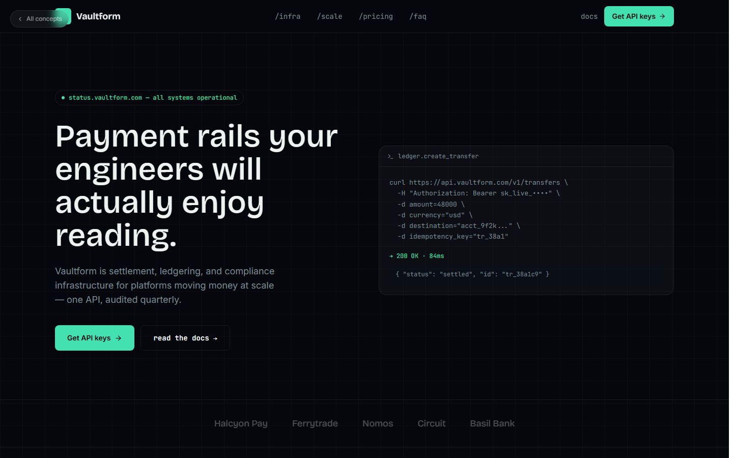 Vaultform concept — fintech payments infrastructure landing page
